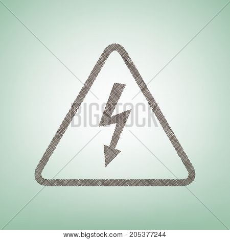 High voltage danger sign. Vector. Brown flax icon on green background with light spot at the center.