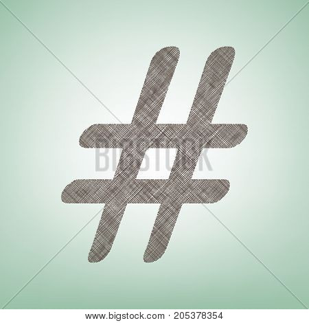 Hashtag sign illustration. Vector. Brown flax icon on green background with light spot at the center.