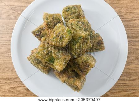 Top View of Fried Chinese Pancake or Fried Steamed Dumpling Made of Garlic Chives Rice Flour and Tapioca Flour. Traditional Food of China.
