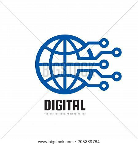 Digital world - vector business logo template concept illustration. Globe abstract sign and electronic network. Technology design elements