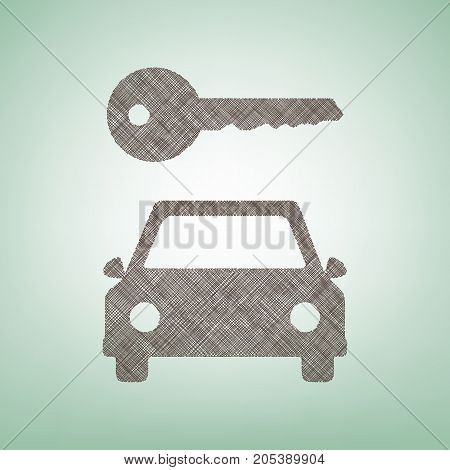 Car key simplistic sign. Vector. Brown flax icon on green background with light spot at the center.