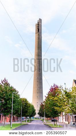 Northampton, UK - Sep 09, 2017: Northampton National lift tower over morning cityscape.