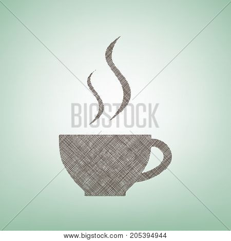 Cup sign with two small streams of smoke. Vector. Brown flax icon on green background with light spot at the center.