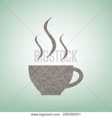 Cup sign with three small streams of smoke. Vector. Brown flax icon on green background with light spot at the center.