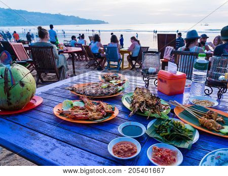 Sea Food Restaurants On Jimbaran Beach In Bali, Indonesia