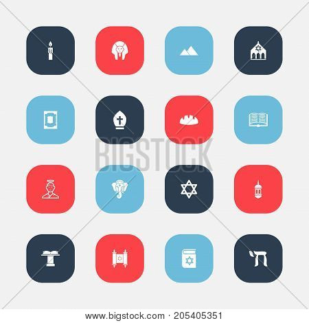 Set Of 16 Editable Religion Icons. Includes Symbols Such As Pope Headwear, Minaret, Baguette And More