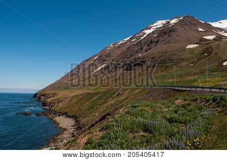 Olafsfjardarmuli mountain in North Iceland on a sunny spring day