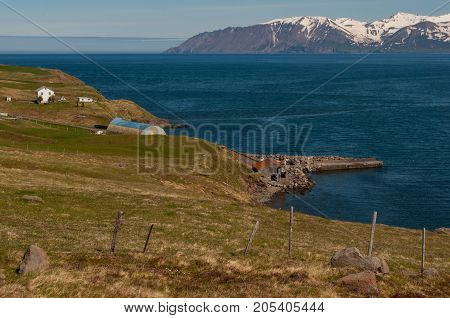 Old buildings in village of Kleifar in Iceland