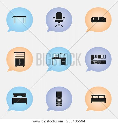 Set Of 9 Editable Furnishings Icons. Includes Symbols Such As Bed, Material Cupboard, Trestle And More