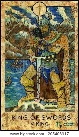 Viking. King of swords. Fantasy Creatures Tarot full deck. Minor arcana. Hand drawn graphic illustration, engraved colorful painting with occult symbols