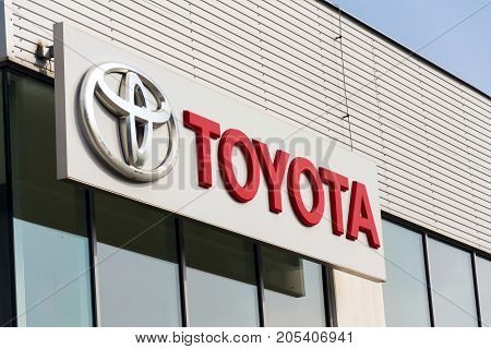 Prague, Czech Republic - September 23: Toyota Motor Corporation Logo On Dealership Building On Septe