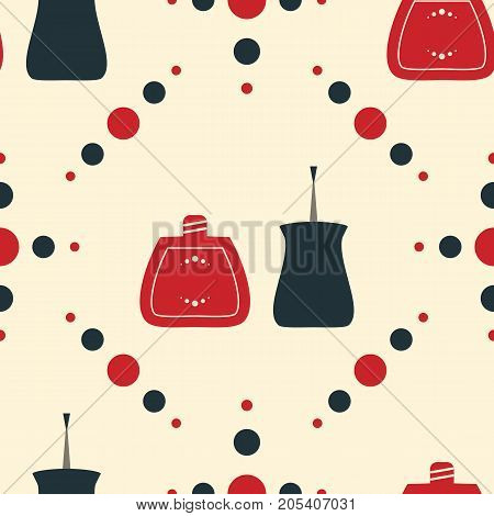 Vintage old style illustration. Seamless pattern of nail polish bottles nail brush and lacquer drops. Vector illustration for spa manicure salon