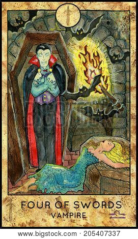 Dracula Vampire. Four of swords. Fantasy Creatures Tarot full deck. Minor arcana. Hand drawn graphic illustration, engraved colorful painting with occult symbols. Halloween background