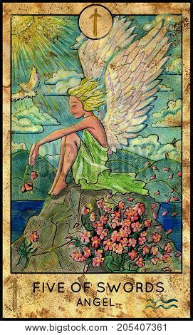 Angel. Five of swords. Fantasy Creatures Tarot full deck. Minor arcana. Hand drawn graphic illustration, engraved colorful painting with occult symbols