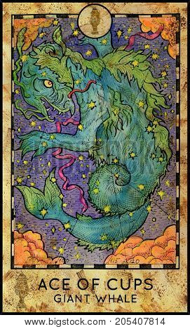 Giant Sky Whale. Ace of cups. Fantasy Creatures Tarot full deck. Minor arcana. Hand drawn graphic illustration, engraved colorful painting with occult symbols