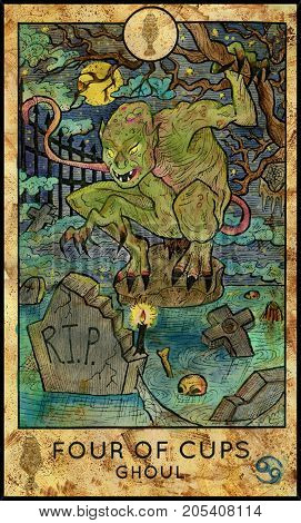 Ghoul. Cemetery vampire. Four of cups. Fantasy Creatures Tarot full deck. Minor arcana. Hand drawn graphic illustration, engraved colorful painting with occult symbols. Halloween background