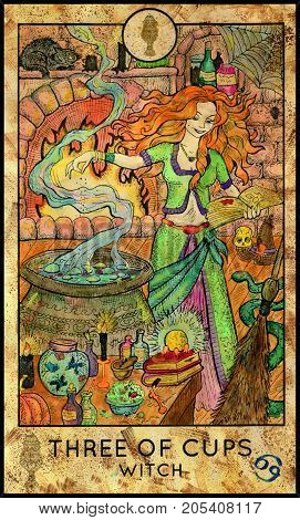 Witch. Three of cups. Fantasy Creatures Tarot full deck. Minor arcana. Hand drawn graphic illustration, engraved colorful painting with occult symbols. Halloween background
