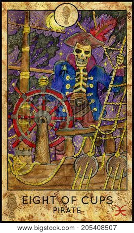 Pirate skeleton. Eight of cups. Fantasy Creatures Tarot full deck. Minor arcana. Hand drawn graphic illustration, engraved colorful painting with occult symbols. Halloween background