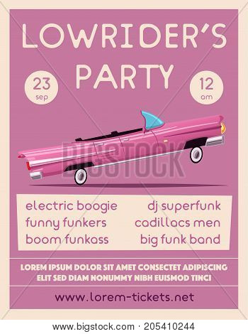 Retro car. Vintage lowrider. Cartoon vector illustration. Oldschool style. For web or print. Festival and show