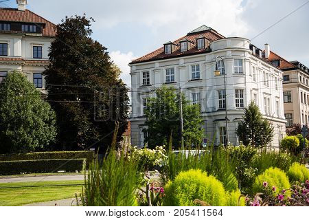 Planting at Karolinenplatz in Munich at sunshine