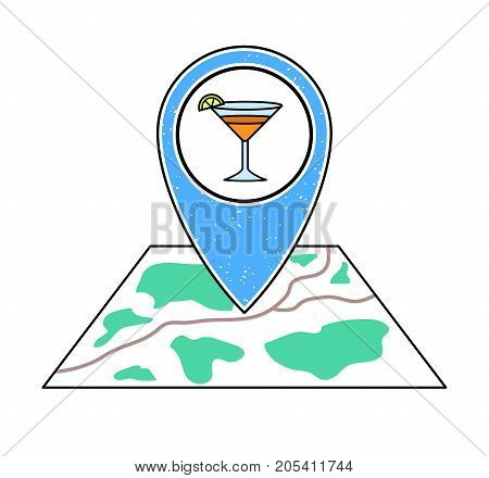 Textured blue geotag icon with a cocktail glass symbol pointing at a map. Bar night club party icon on a city plan.UImobile devicesmartphone appwebsite vector illustration.Weekend nightlife sign.