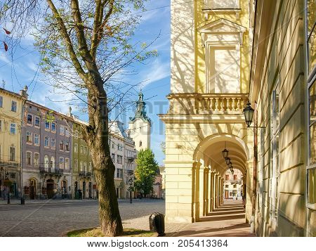 Part of a main facade of the town hall and south side of Rynok Square of the city Lviv Ukraine