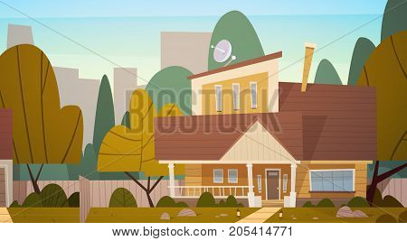 House Building Suburb Of Big City In Summer, Cottage Real Estate Cute Town Concept Flat Vector Illustration