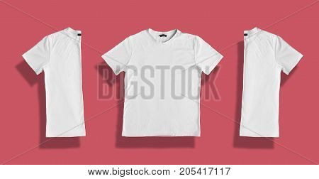 White t-shirt with blank space for your promotional text or advertisment. Textile design clothing template and fashion concept. Front side and back view. Clothes isolated over pink background