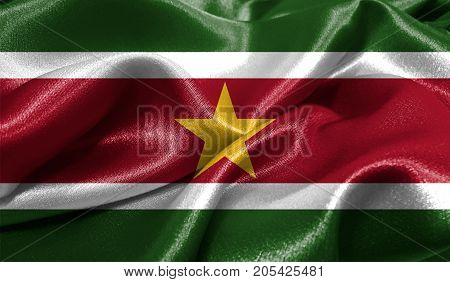 Realistic flag of Suriname on the wavy surface of fabric. This flag can be used in design