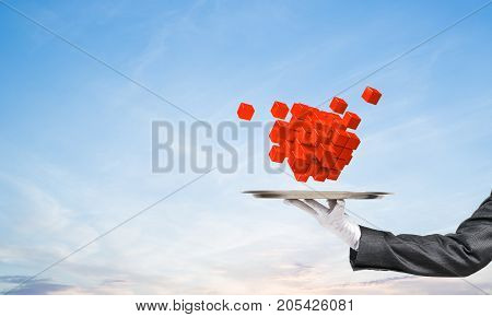 Cropped image of waiter's hand in white glove presenting multiple cubes on metal tray with cloudy skyscape on background. 3D rendering.