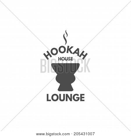 Hookah relax label, badge. Vintage shisha logo with hookah bowl symbol. Lounge cafe emblem. Arabian bar or house, shop. Isolated. Stock vector illustration. Monochrome design.