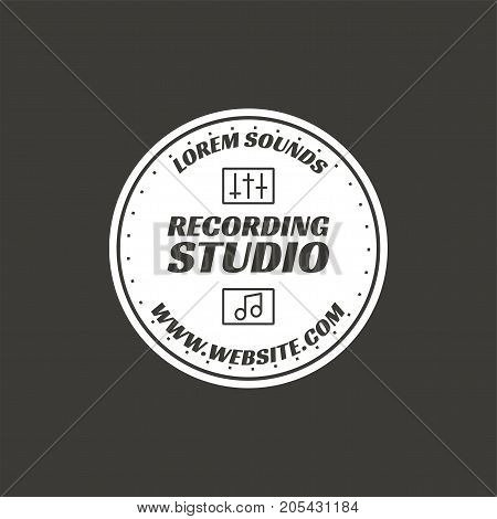 Recording studio vector label, badge, emblem logo with musical instrument. Stock vector illustration isolated on dark background. Monochrome design.
