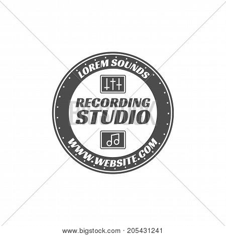 Recording studio vector label, badge, emblem logo with musical instrument. Stock vector illustration isolated on white background. Monochrome design.