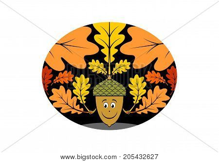 Acorn with oak leaves. Cartoon image. Vector illustration