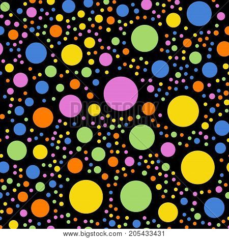 Colorful Polka Dots Seamless Pattern On Black 2 Background. Sightly Classic Colorful Polka Dots Text