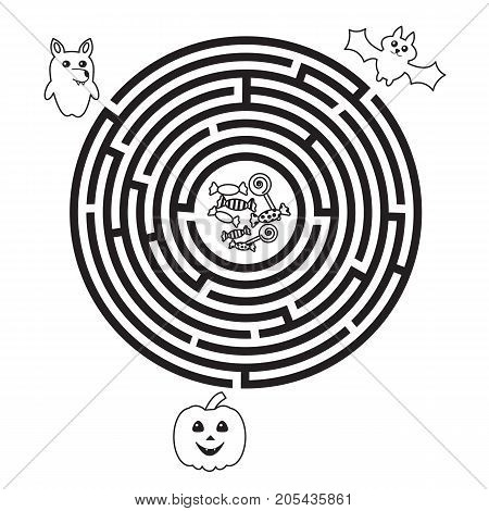 Circular Halloween maze for preschool or school kids. Funny vector labyrinth with pumpkin, wolf and bat. Vector illustration.