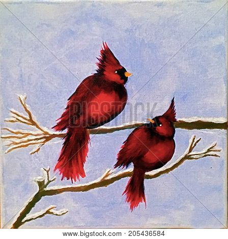 Acrylic Painting on Square Canvas of two Red Cardinals on branches with icy blue background