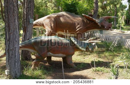 Kemer;Turkey- September 06; 2017: Triceratops Family -Late Cretaceous /76-65 million years ago. In the Dinopark
