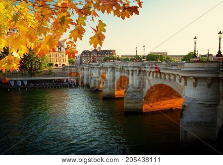 Pont Neuf at sunny autumn sunset, Paris, France