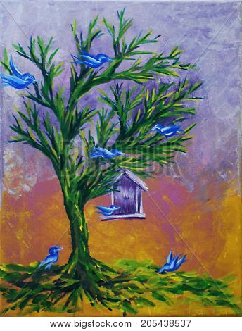 Acrylic Painting on Canvas of abstract tree with birdhouse and birds on colorful background