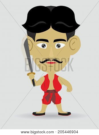 Vector : Ancient Thai military warlords uniform red color with sword.