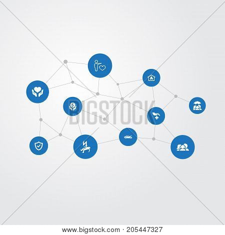 Elements Electric Shock  Jeopardy, Home Protect  From Fire, Medical Attendance And Other Synonyms Attendance, Saving And Collision.  Vector Illustration Set Of Simple Warrant Icons.