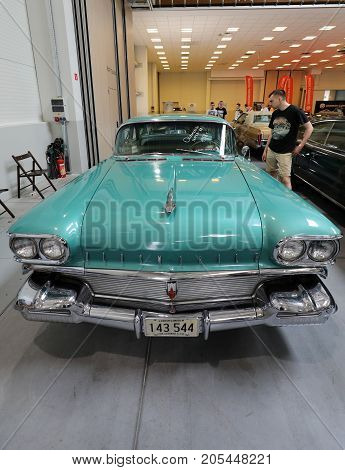 CRACOW POLAND - MAY 20 2017: Oldsmobile Super 88 displayed at MOTO SHOW in Cracow Poland. Exhibitors present most interesting aspects of the automotive industry