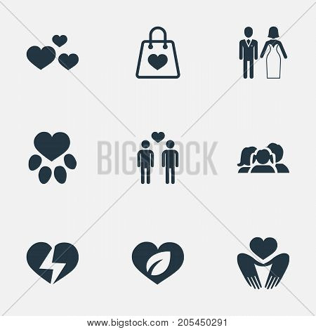 Elements Footprint, Broken Soul, Eco And Other Synonyms Broken, Groom And Homosexual.  Vector Illustration Set Of Simple Wedding Icons.