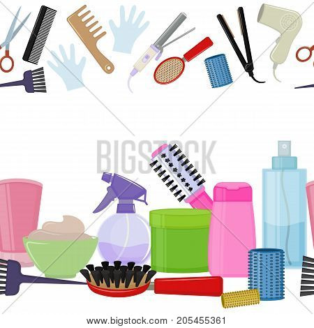 Seamless horizontal borders of colorful equipments for styling and hair care. Products and tools for home remedies of hair care. Vector