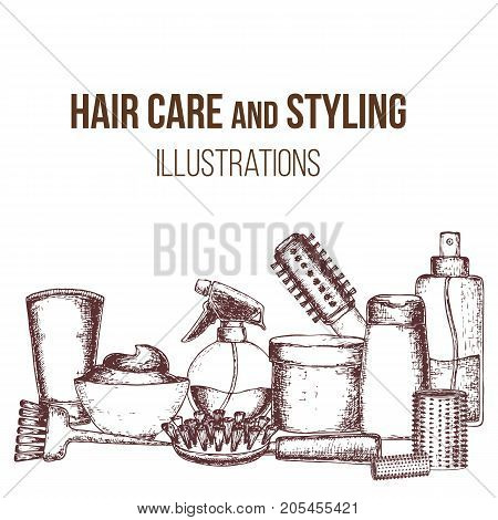 Set of sketch equipments for styling and hair care. Products and tools for home remedies of hair care. Vector