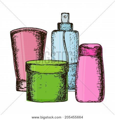 Set of colorful equipments for styling and hair care. Products for home remedies of hair care. Vector