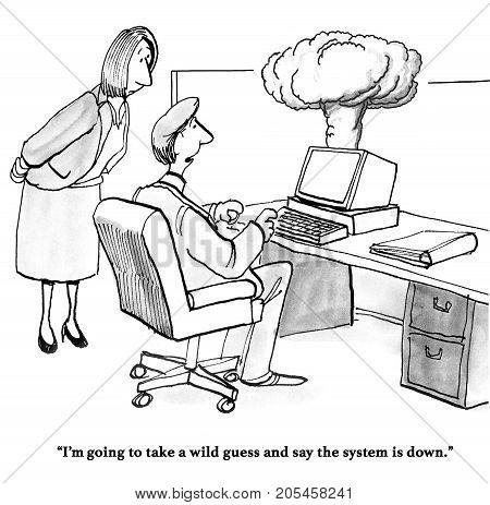 Technology and business cartoon showing smoke coming out of a computer, the system is down.