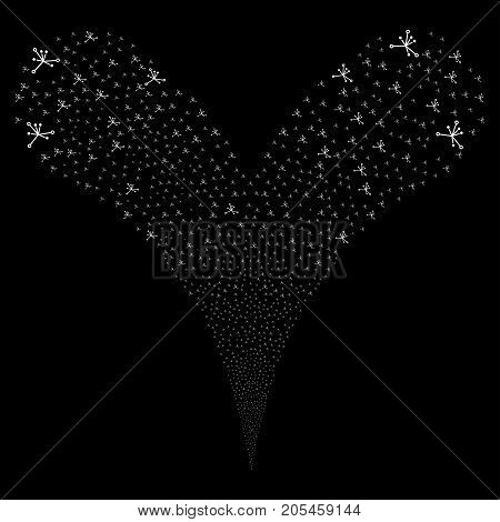 Big Bang source stream. Vector illustration style is flat white iconic big bang symbols on a black background. Object fountain done from random design elements.
