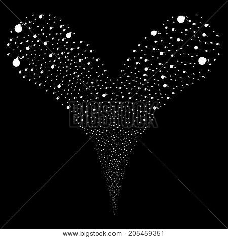 Bomb fireworks stream. Vector illustration style is flat white iconic bomb symbols on a black background. Object fountain combined from random symbols.